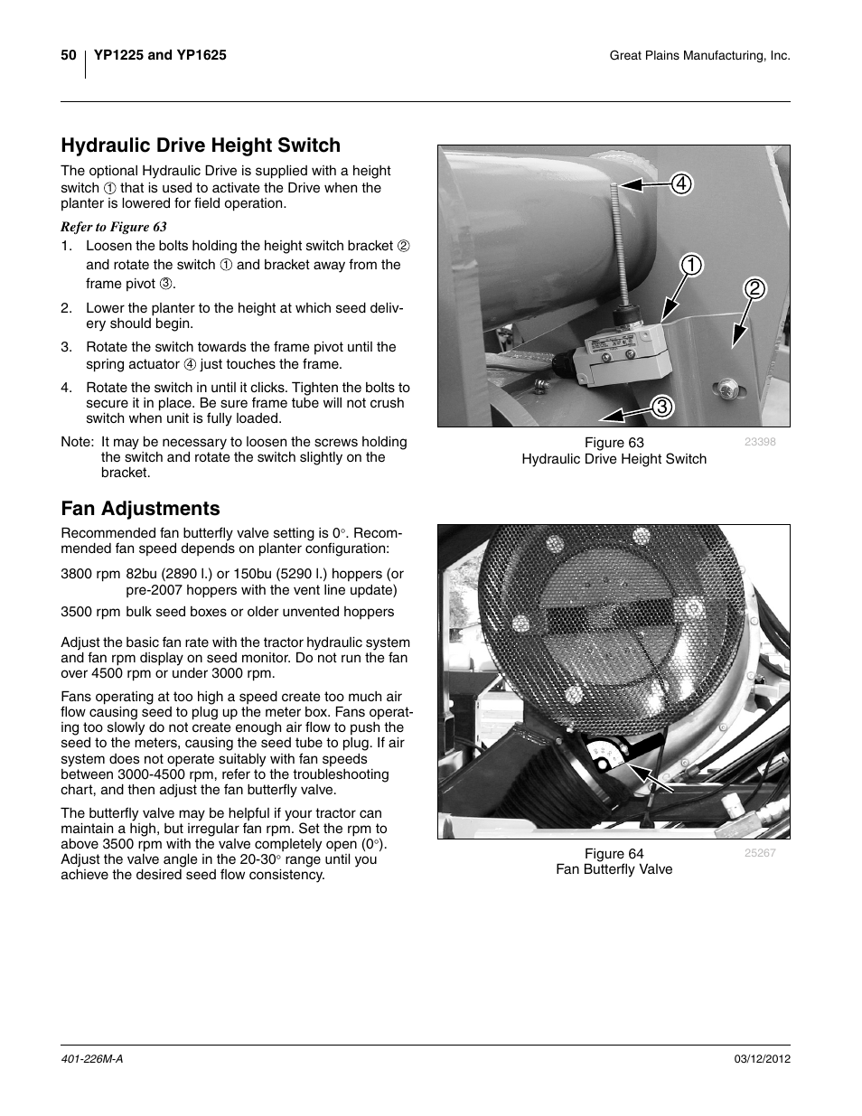 Hydraulic drive height switch, Fan adjustments, Hydraulic drive height switch fan adjustments | Great Plains YP1625 Operator Manual User Manual | Page 54 / 150