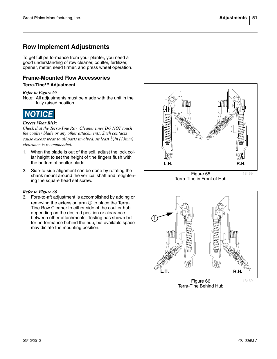 Row implement adjustments, Frame-mounted row accessories, Terra-tine™ adjustment | Great Plains YP1625 Operator Manual User Manual | Page 55 / 150