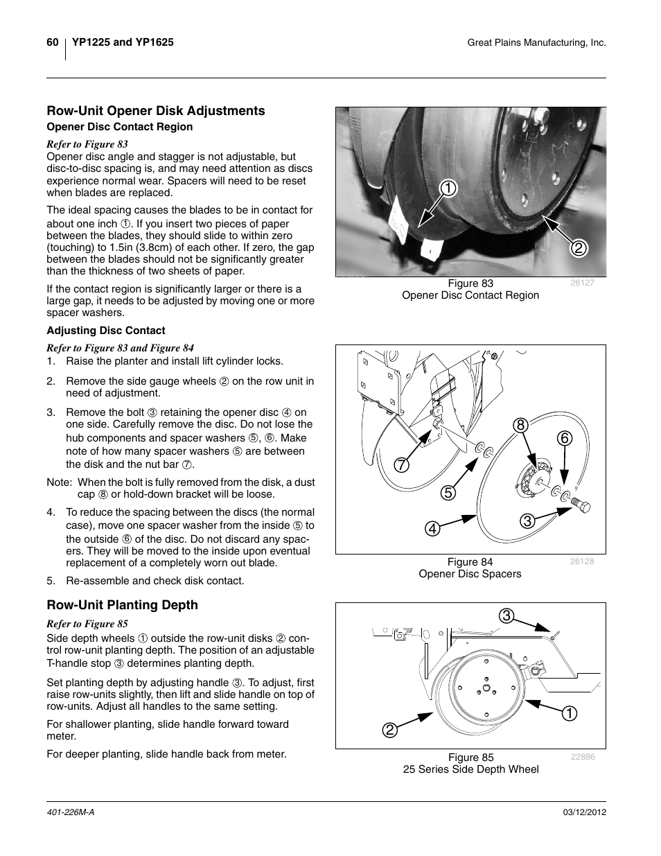 Row-unit opener disk adjustments, Opener disc contact region, Adjusting disc contact | Row-unit planting depth, Opener disc contact region adjusting disc contact | Great Plains YP1625 Operator Manual User Manual | Page 64 / 150