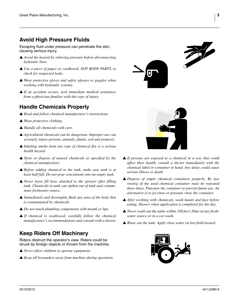 Avoid high pressure fluids, Handle chemicals properly, Keep riders off machinery | Great Plains YP1625 Operator Manual User Manual | Page 7 / 150