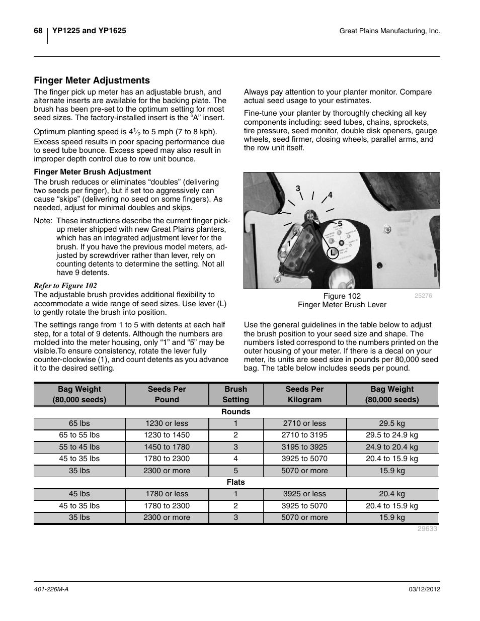 Finger meter adjustments, Finger meter brush adjustment | Great Plains YP1625 Operator Manual User Manual | Page 72 / 150