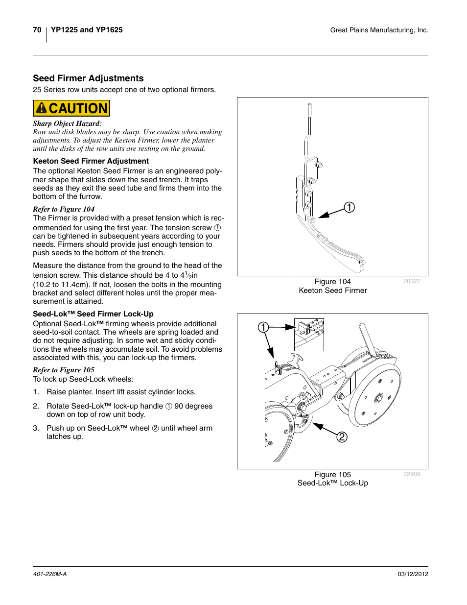 Seed firmer adjustments, Keeton seed firmer adjustment, Seed-lok™ seed firmer lock-up | Great Plains YP1625 Operator Manual User Manual | Page 74 / 150