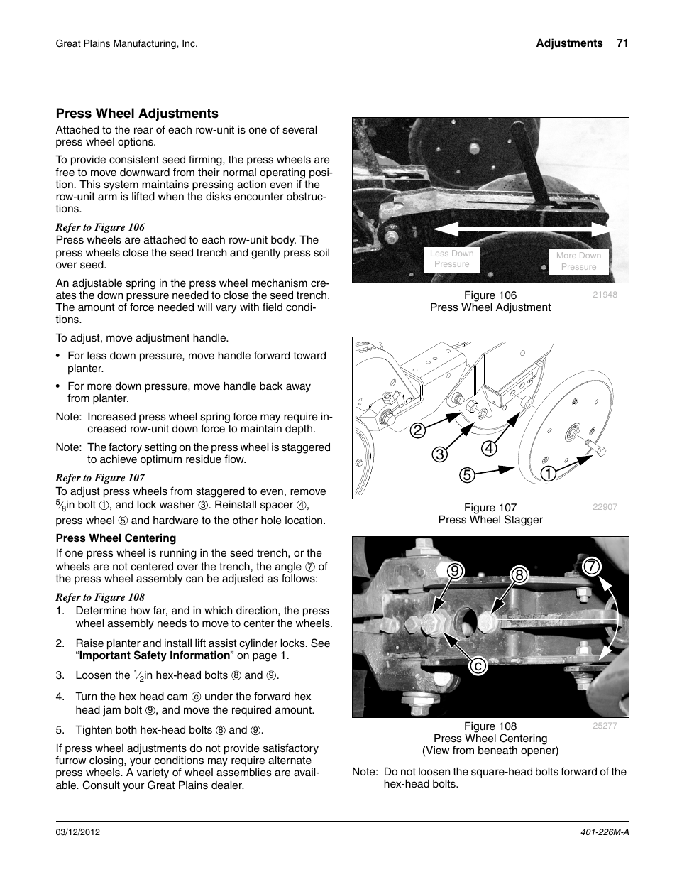 Press wheel adjustments, Press wheel centering, 98 7 c | Great Plains YP1625 Operator Manual User Manual | Page 75 / 150