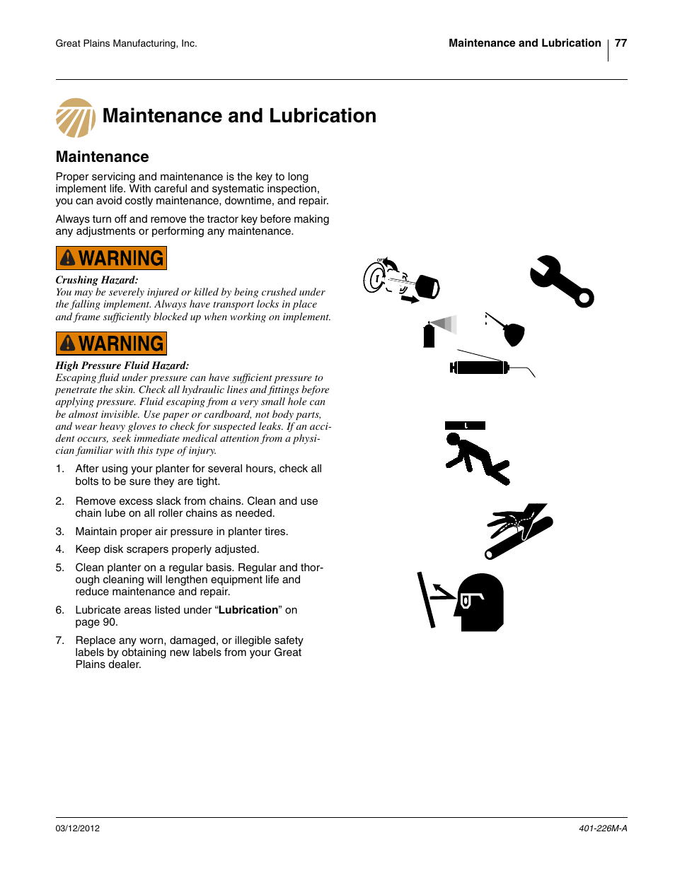 Maintenance and lubrication, Maintenance, Maintenance and lubrication maintenance | Great Plains YP1625 Operator Manual User Manual | Page 81 / 150