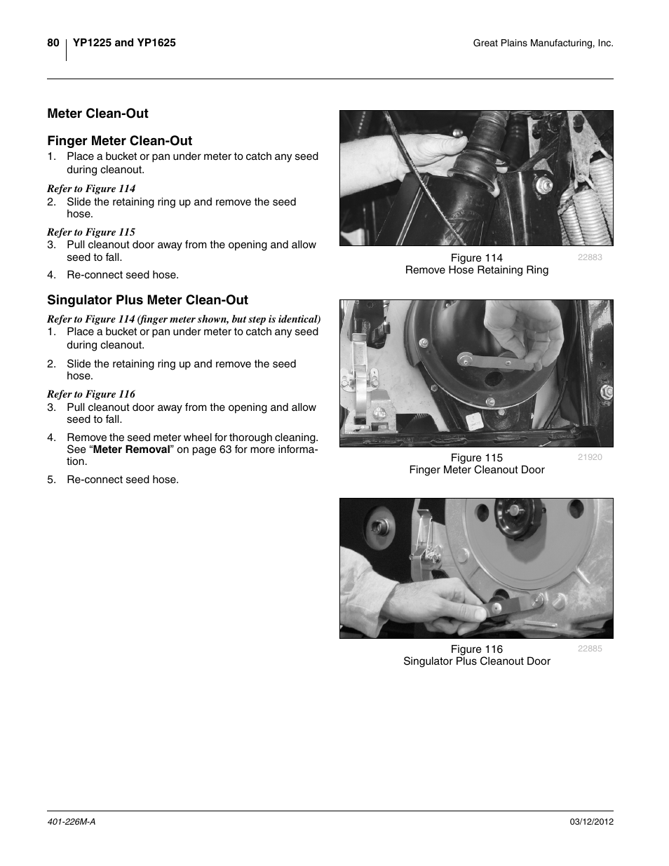 Meter clean-out, Finger meter clean-out, Singulator plus meter clean-out | Meter clean-out finger meter clean-out | Great Plains YP1625 Operator Manual User Manual | Page 84 / 150