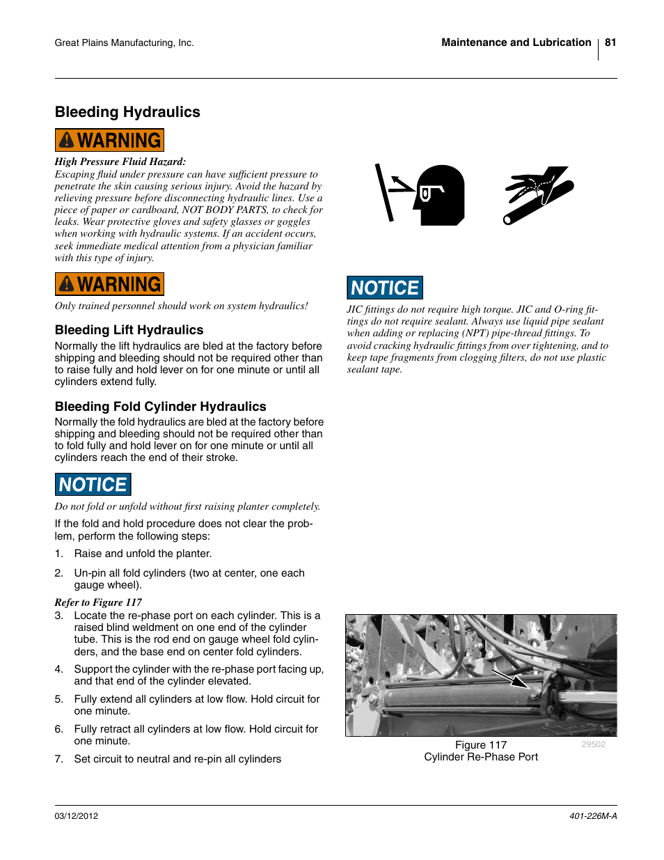 Bleeding hydraulics, Bleeding lift hydraulics, Bleeding fold cylinder hydraulics | Great Plains YP1625 Operator Manual User Manual | Page 85 / 150