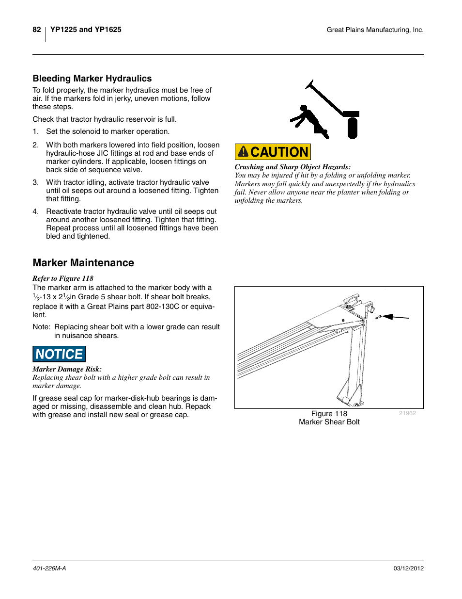 Bleeding marker hydraulics, Marker maintenance | Great Plains YP1625 Operator Manual User Manual | Page 86 / 150