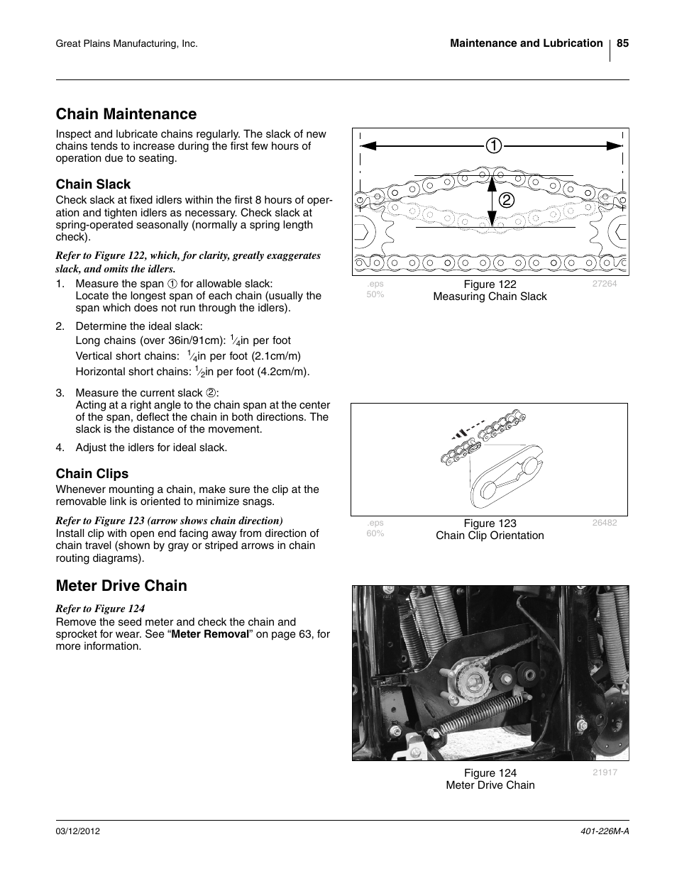 Chain maintenance, Chain slack, Chain clips | Meter drive chain, Chain slack chain clips | Great Plains YP1625 Operator Manual User Manual | Page 89 / 150
