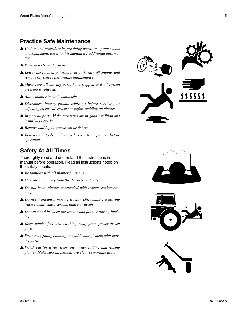 Practice safe maintenance, Safety at all times | Great Plains YP1625 Operator Manual User Manual | Page 9 / 150