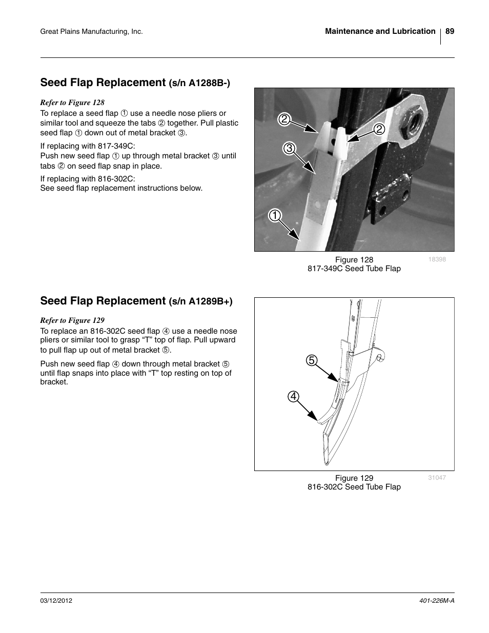 Seed flap replacement (s/n a1288b-), Seed flap replacement (s/n a1289b+), Seed flap replacement | Great Plains YP1625 Operator Manual User Manual | Page 93 / 150