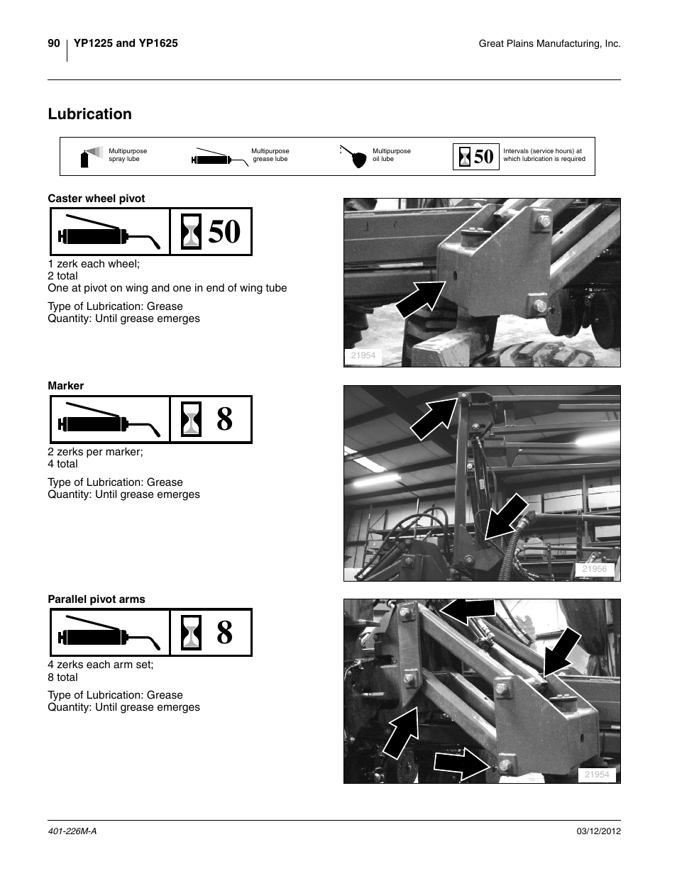 Lubrication, Caster wheel pivot, Marker | Parallel pivot arms | Great Plains YP1625 Operator Manual User Manual | Page 94 / 150