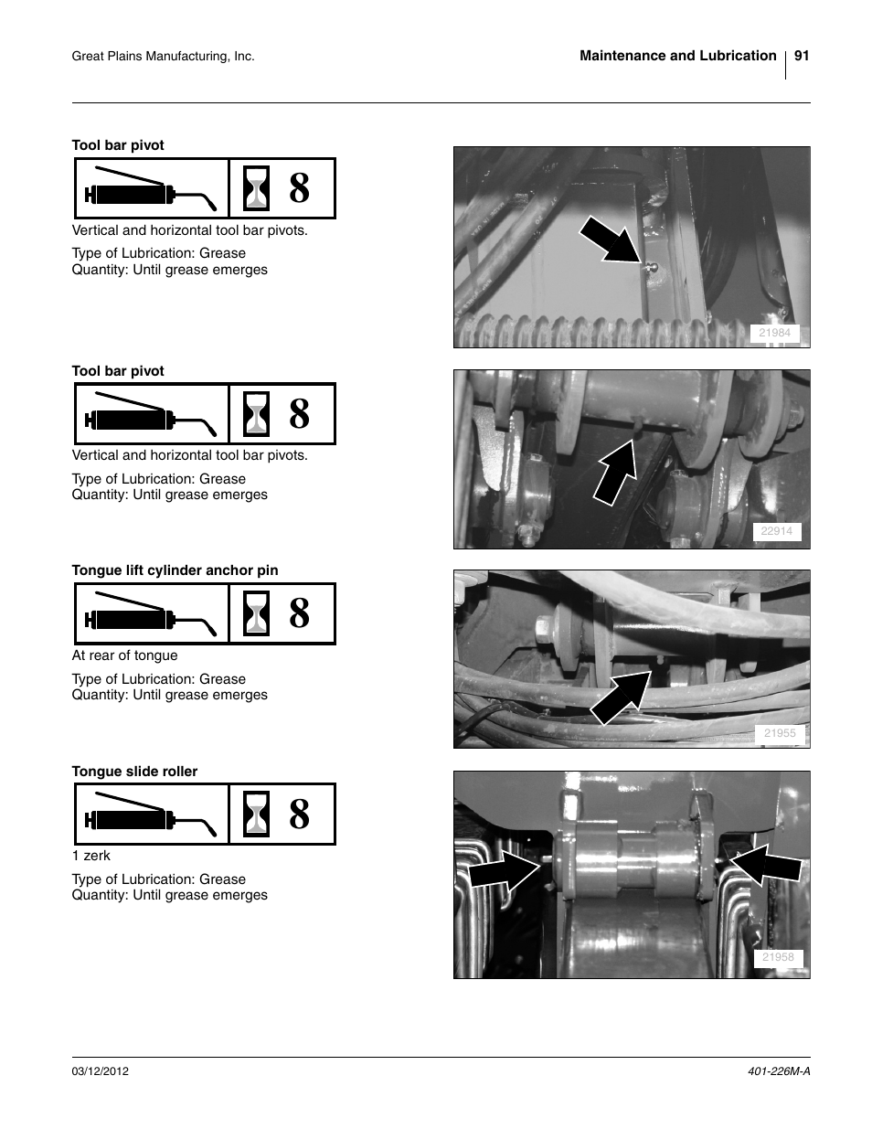 Tool bar pivot, Tongue lift cylinder anchor pin, Tongue slide roller | Great Plains YP1625 Operator Manual User Manual | Page 95 / 150