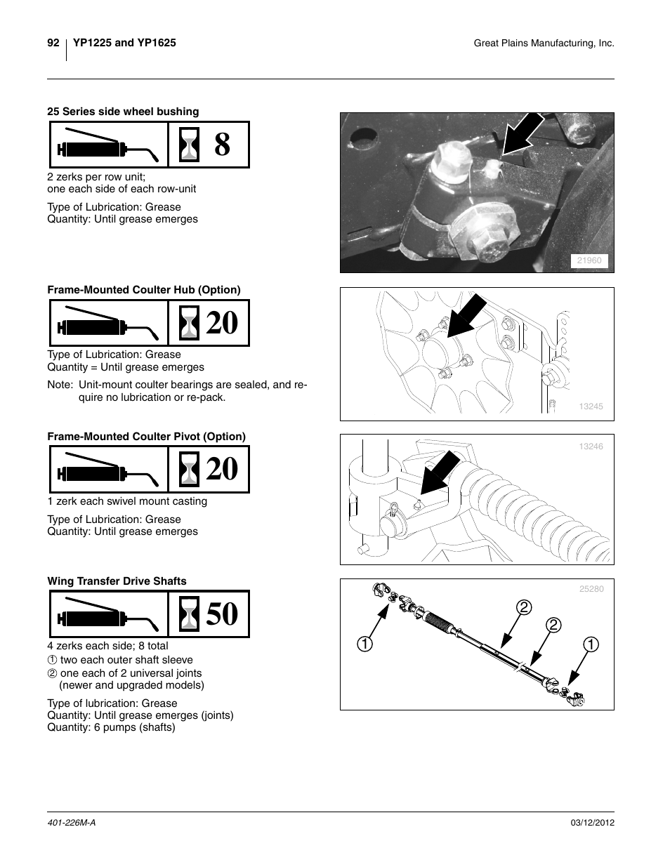 25 series side wheel bushing, Frame-mounted coulter hub (option), Frame-mounted coulter pivot (option) | Wing transfer drive shafts | Great Plains YP1625 Operator Manual User Manual | Page 96 / 150