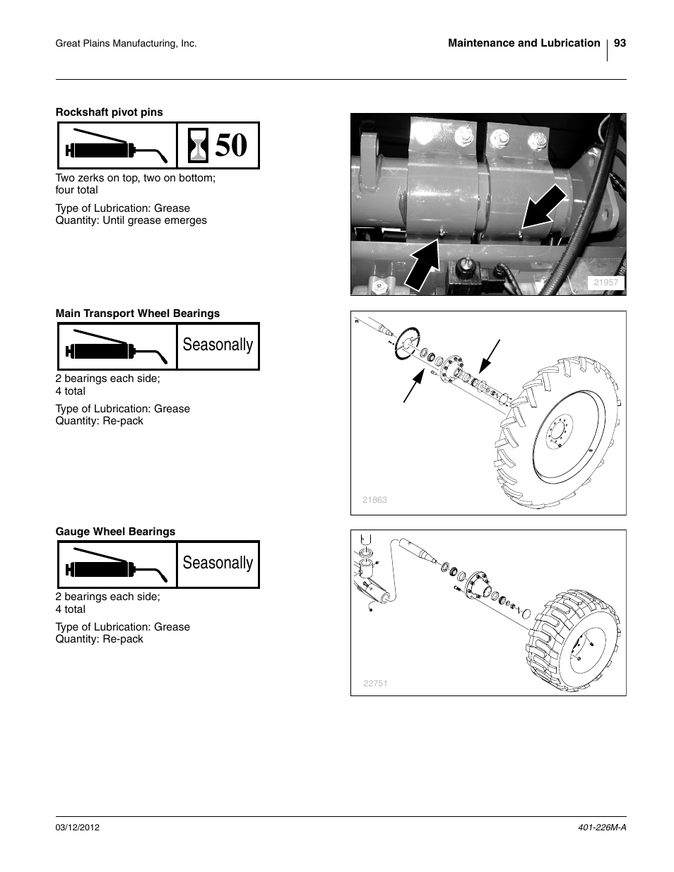 Rockshaft pivot pins, Main transport wheel bearings, Gauge wheel bearings | Seasonally | Great Plains YP1625 Operator Manual User Manual | Page 97 / 150