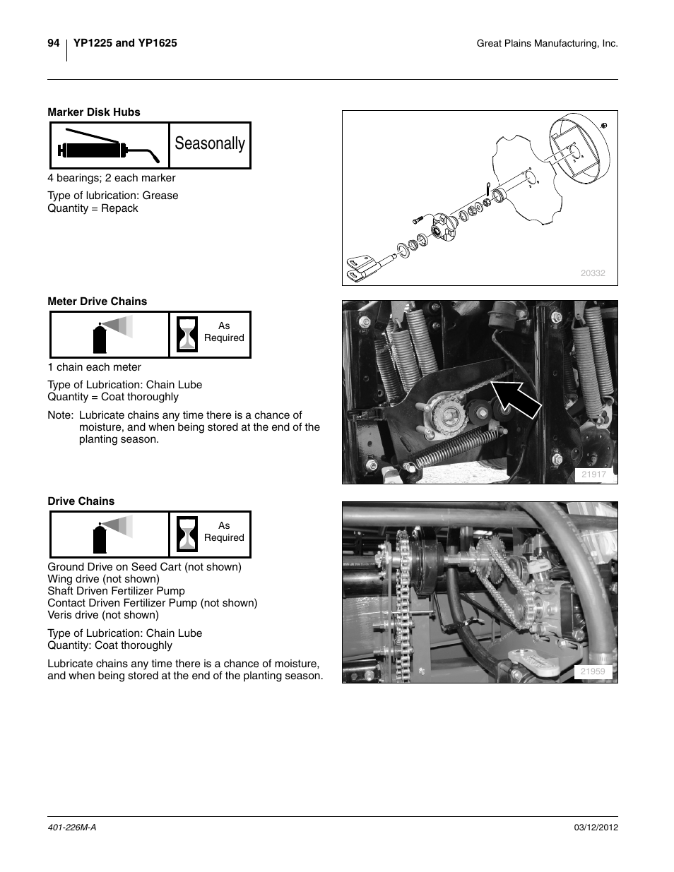 Marker disk hubs, Meter drive chains, Drive chains | Seasonally | Great Plains YP1625 Operator Manual User Manual | Page 98 / 150