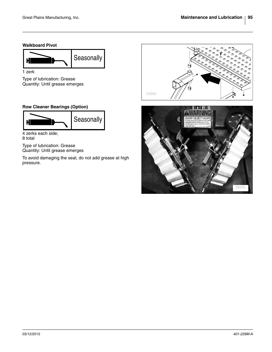 Walkboard pivot, Row cleaner bearings (option), Seasonally | Great Plains YP1625 Operator Manual User Manual | Page 99 / 150