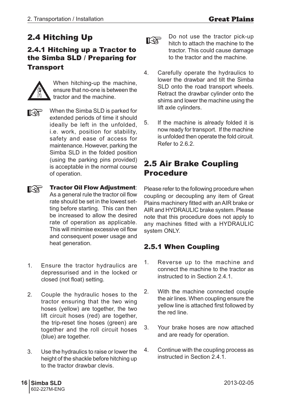4 hitching up, 5 air brake coupling procedure | Great Plains SLD600 Operator Manual User Manual | Page 16 / 40