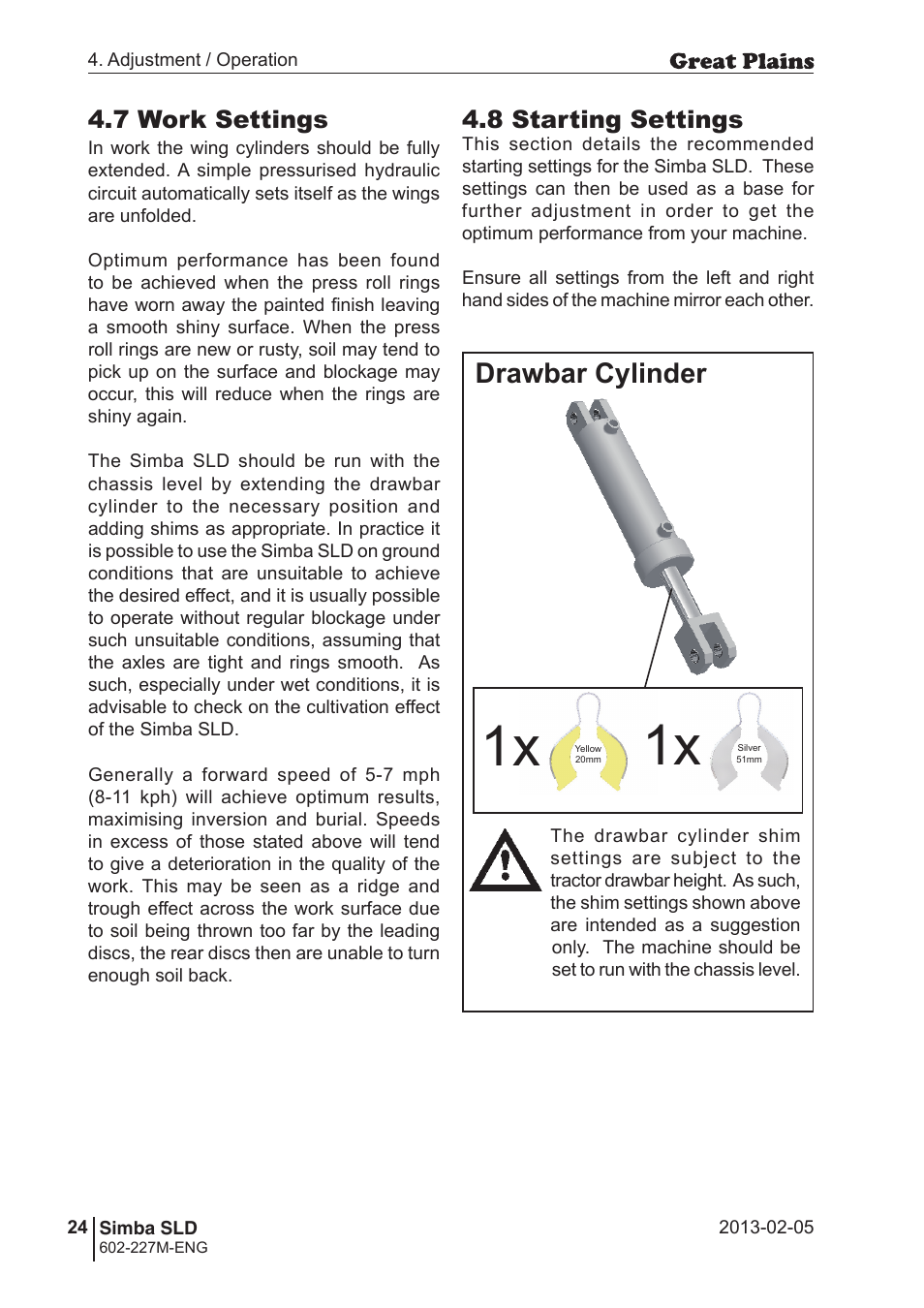 Drawbar cylinder, 8 starting settings, 7 work settings | Great Plains SLD600 Operator Manual User Manual | Page 24 / 40