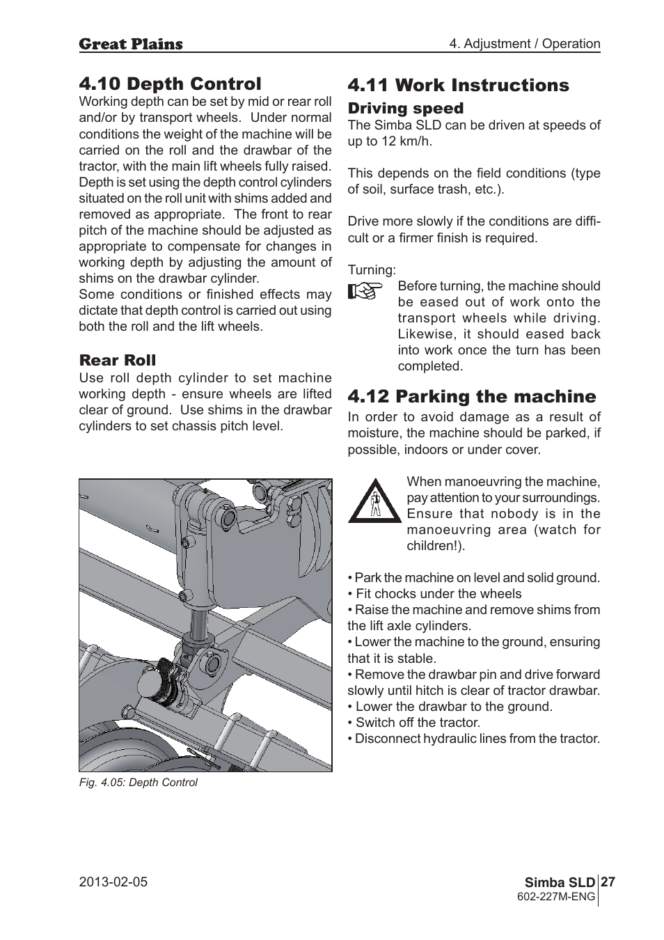 12 parking the machine, 10 depth control, 11 work instructions | Great Plains SLD600 Operator Manual User Manual | Page 27 / 40