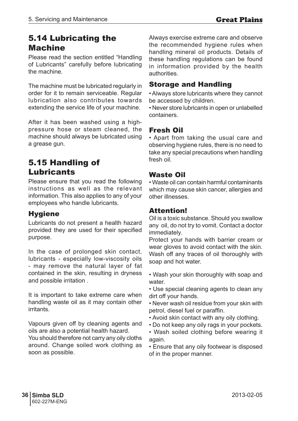 14 lubricating the machine, 15 handling of lubricants | Great Plains SLD600 Operator Manual User Manual | Page 36 / 40