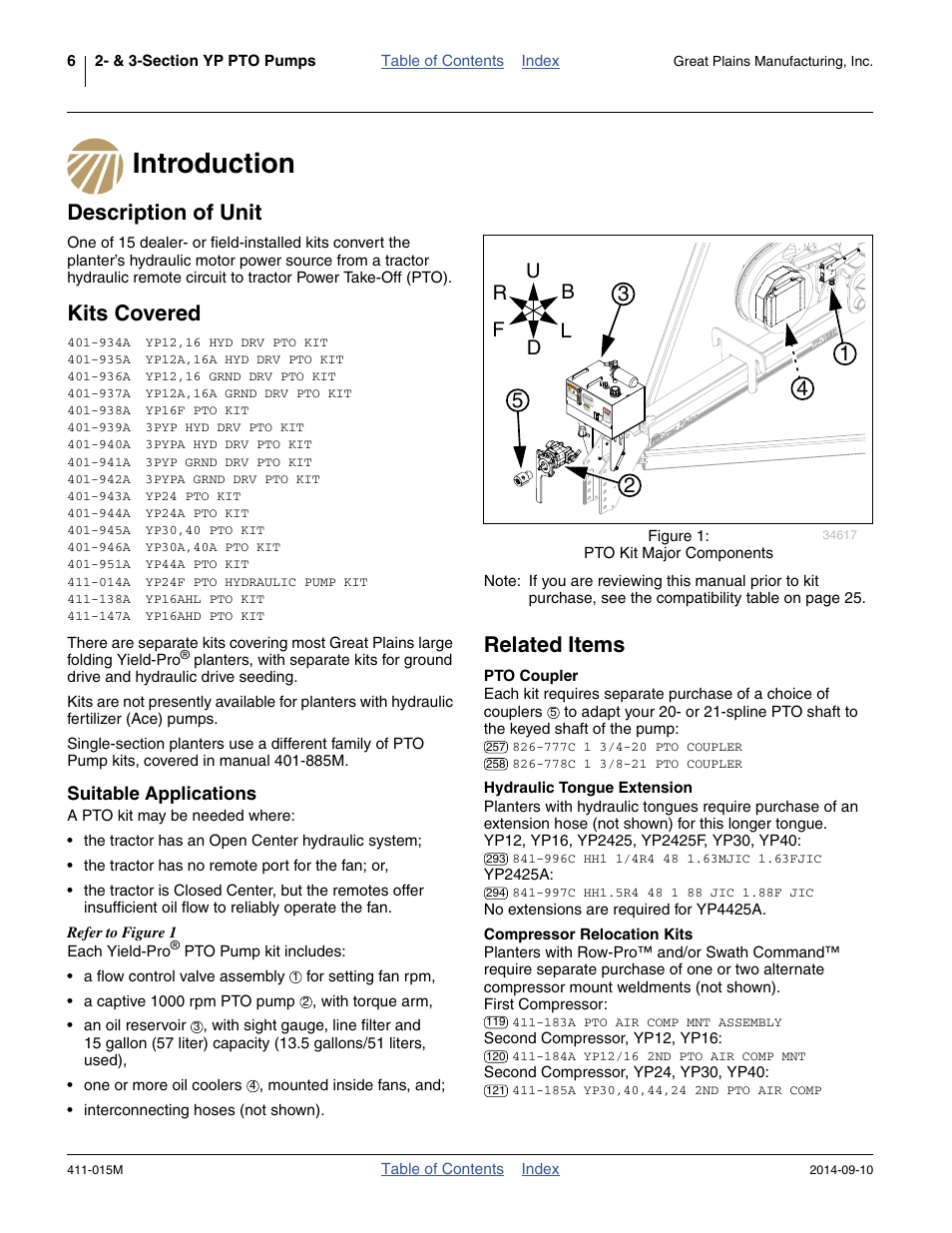 Introduction, Description of unit, Kits covered | Suitable applications, Related items, Pto coupler, Hydraulic tongue extension, Compressor relocation kits, 934a 401-935a 401-936a 401-937a 401-938a, 939a 401-940a 401-941a 401-942a 401-943a 401-944a | Great Plains PTO Kits 2-3-Section User Manual | Page 10 / 100