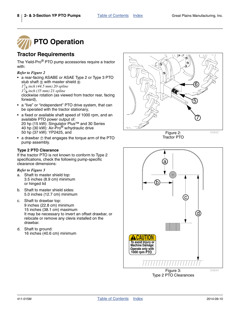 Pto operation, Tractor requirements, Type 2 pto clearance | Pto operation tractor requirements, Caution, Ab c d | Great Plains PTO Kits 2-3-Section User Manual | Page 12 / 100