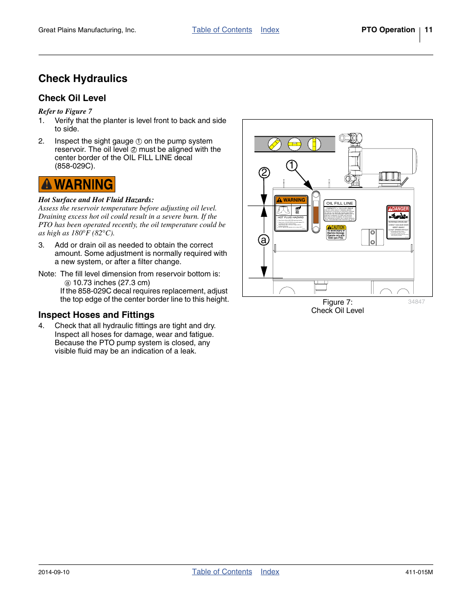 Check hydraulics, Check oil level, Inspect hoses and fittings | Check oil level inspect hoses and fittings, 21 a | Great Plains PTO Kits 2-3-Section User Manual | Page 15 / 100