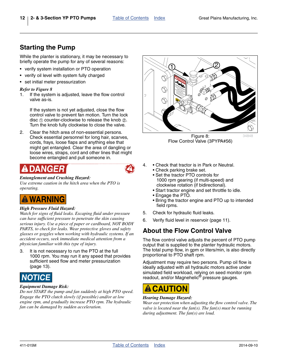 Starting the pump, About the flow control valve, Starting the pump about the flow control valve | Great Plains PTO Kits 2-3-Section User Manual | Page 16 / 100