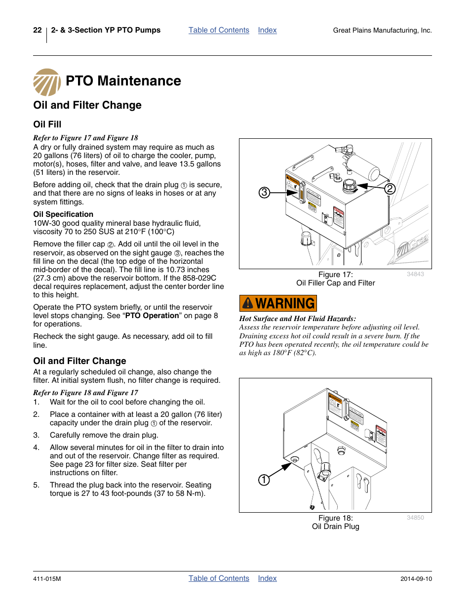 Pto maintenance, Oil and filter change, Oil fill | Oil specification, Pto maintenance oil and filter change | Great Plains PTO Kits 2-3-Section User Manual | Page 26 / 100