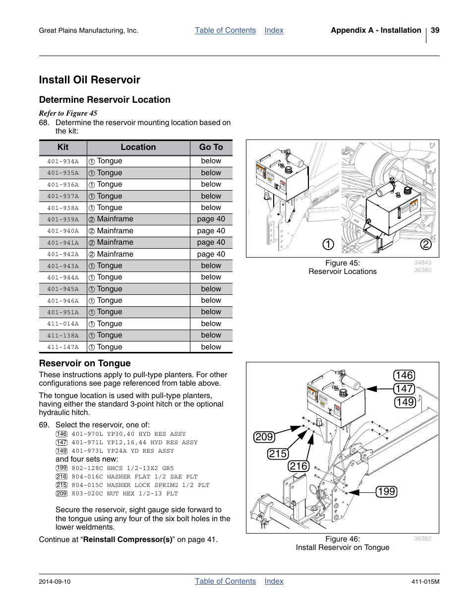 Install oil reservoir, Determine reservoir location, Reservoir on tongue | Great Plains PTO Kits 2-3-Section User Manual | Page 43 / 100