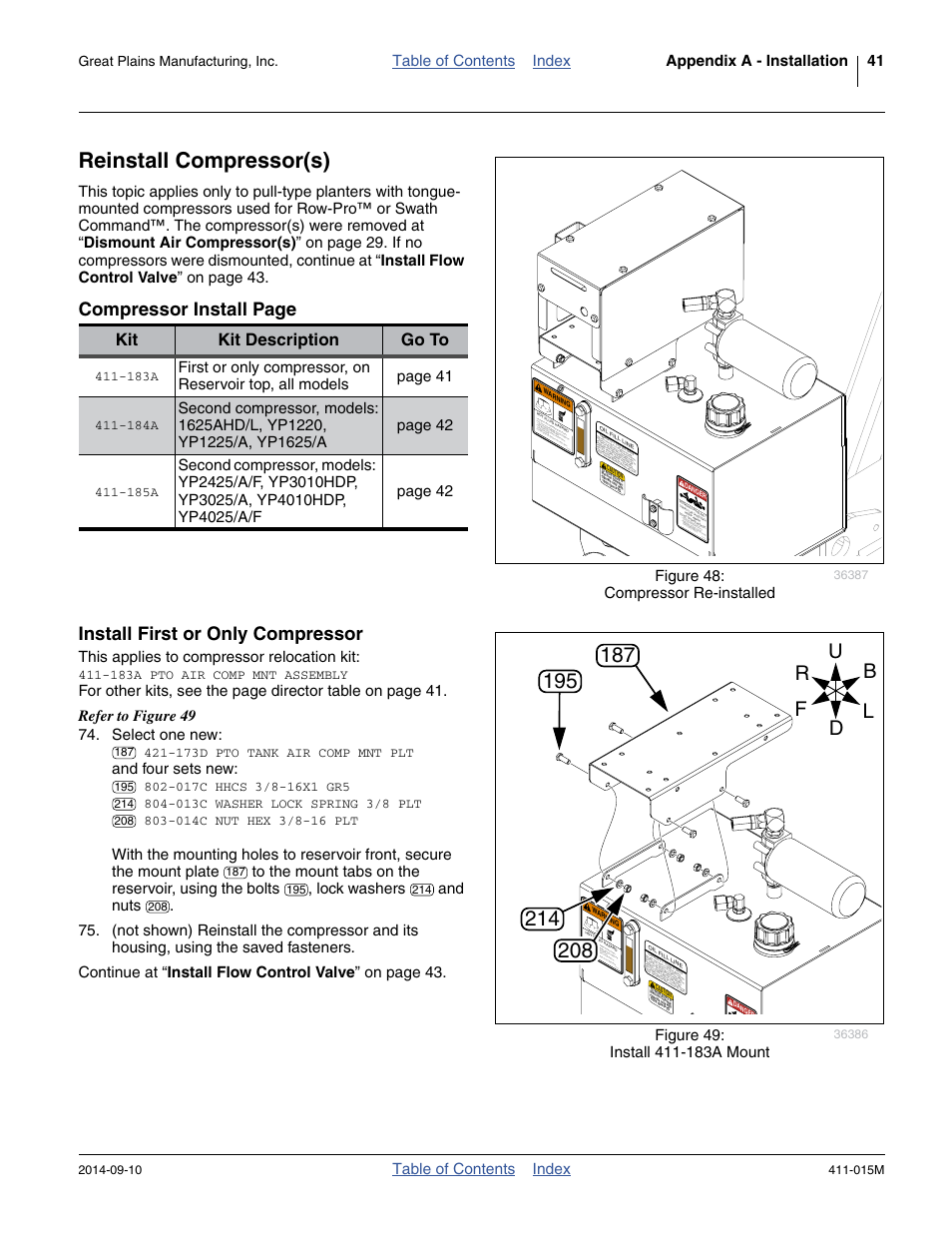 Reinstall compressor(s), Install first or only compressor, Kit kit description go to | Great Plains PTO Kits 2-3-Section User Manual | Page 45 / 100