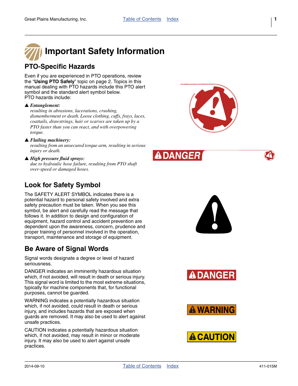 Important safety information, Pto-specific hazards, Look for safety symbol | Be aware of signal words, Important safety information pto-specific hazards | Great Plains PTO Kits 2-3-Section User Manual | Page 5 / 100