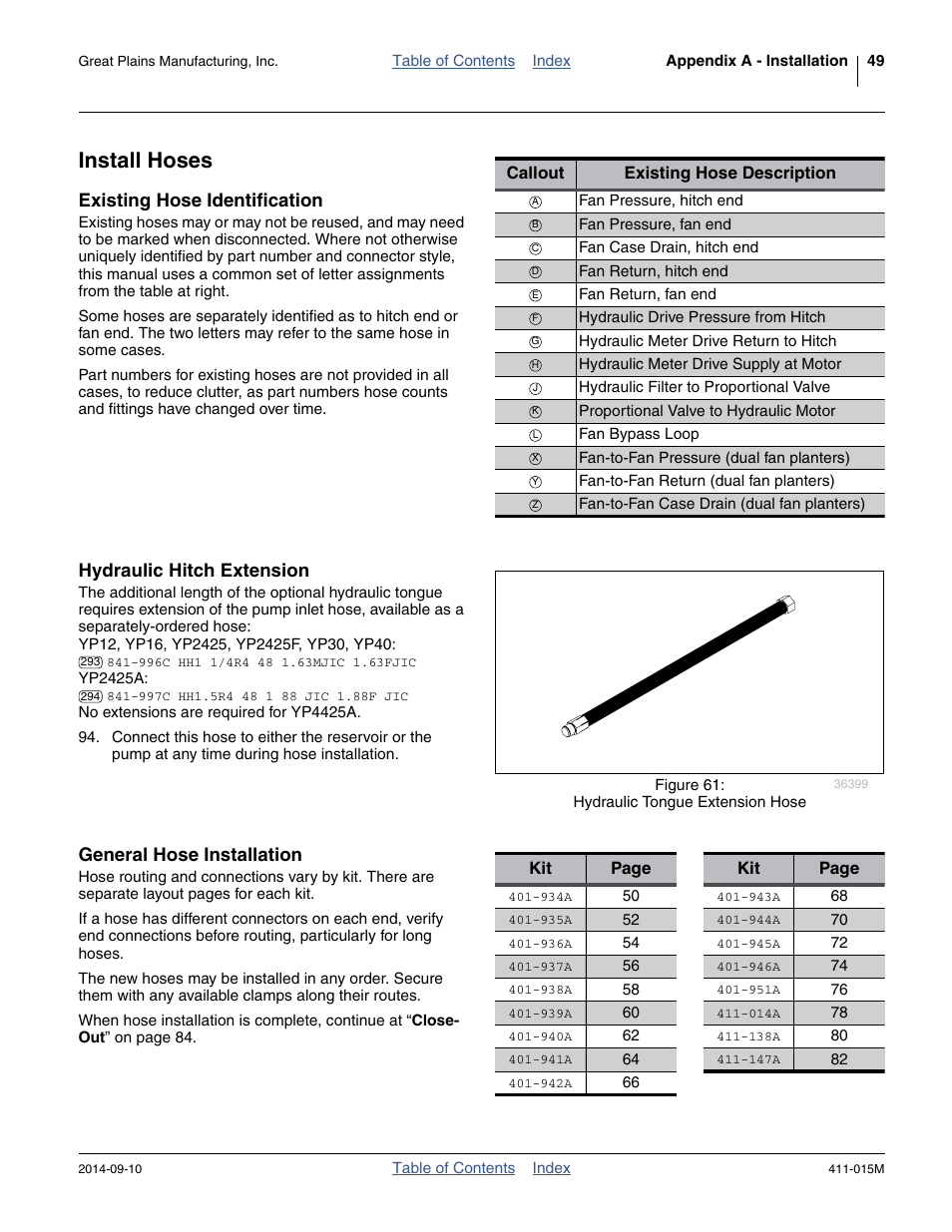 Install hoses, Existing hose identification, Hydraulic hitch extension | General hose installation | Great Plains PTO Kits 2-3-Section User Manual | Page 53 / 100