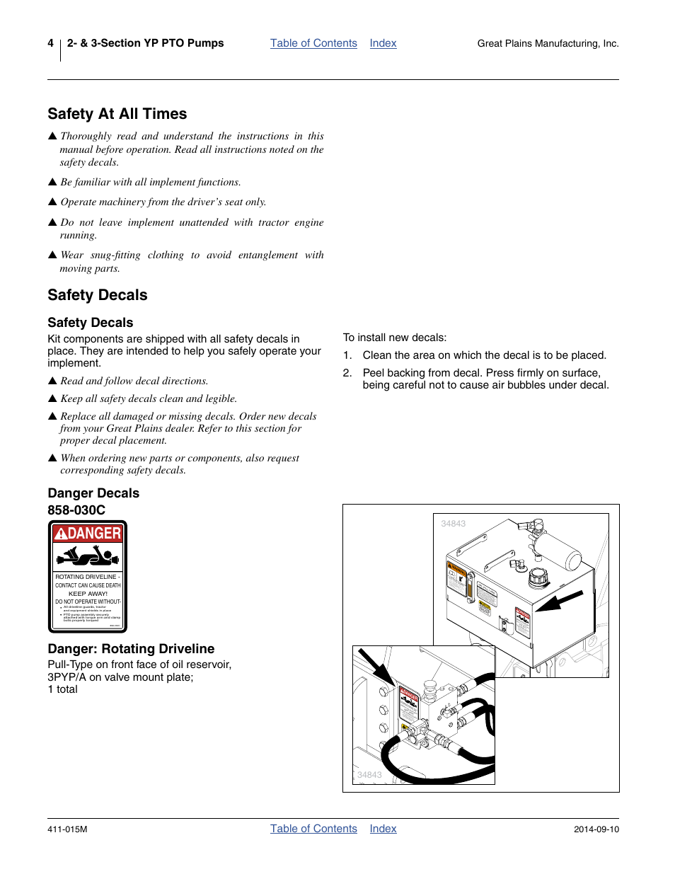 Safety at all times, Safety decals, Danger decals | 030c, Danger: rotating driveline, Danger, Table of contents index | Great Plains PTO Kits 2-3-Section User Manual | Page 8 / 100