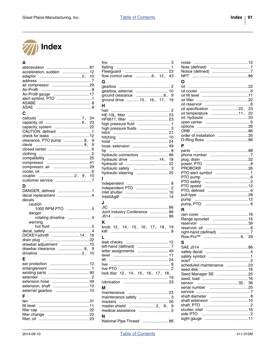 Index | Great Plains PTO Kits 2-3-Section User Manual | Page 95 / 100