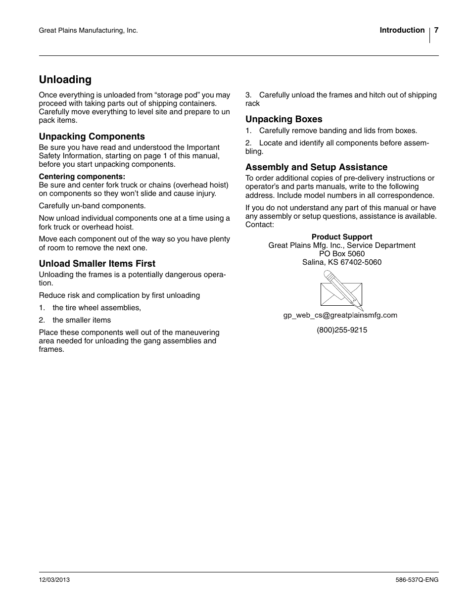 Unloading, Unpacking components, Unload smaller items first | Unpacking boxes, Assembly and setup assistance | Great Plains 4000TM Assembly Manual User Manual | Page 11 / 80