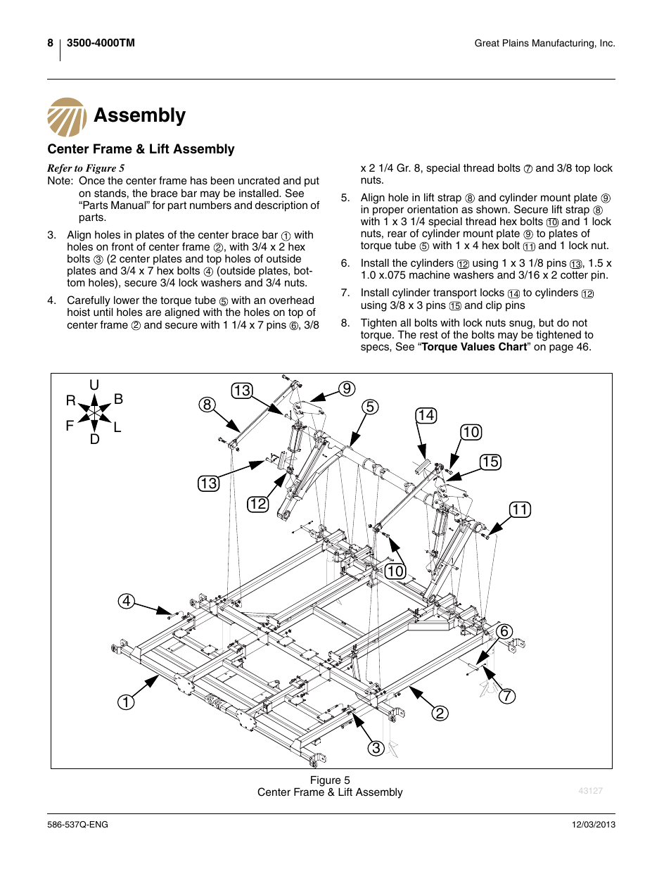 Assembly, Center frame & lift assembly | Great Plains 4000TM Assembly Manual User Manual | Page 12 / 80