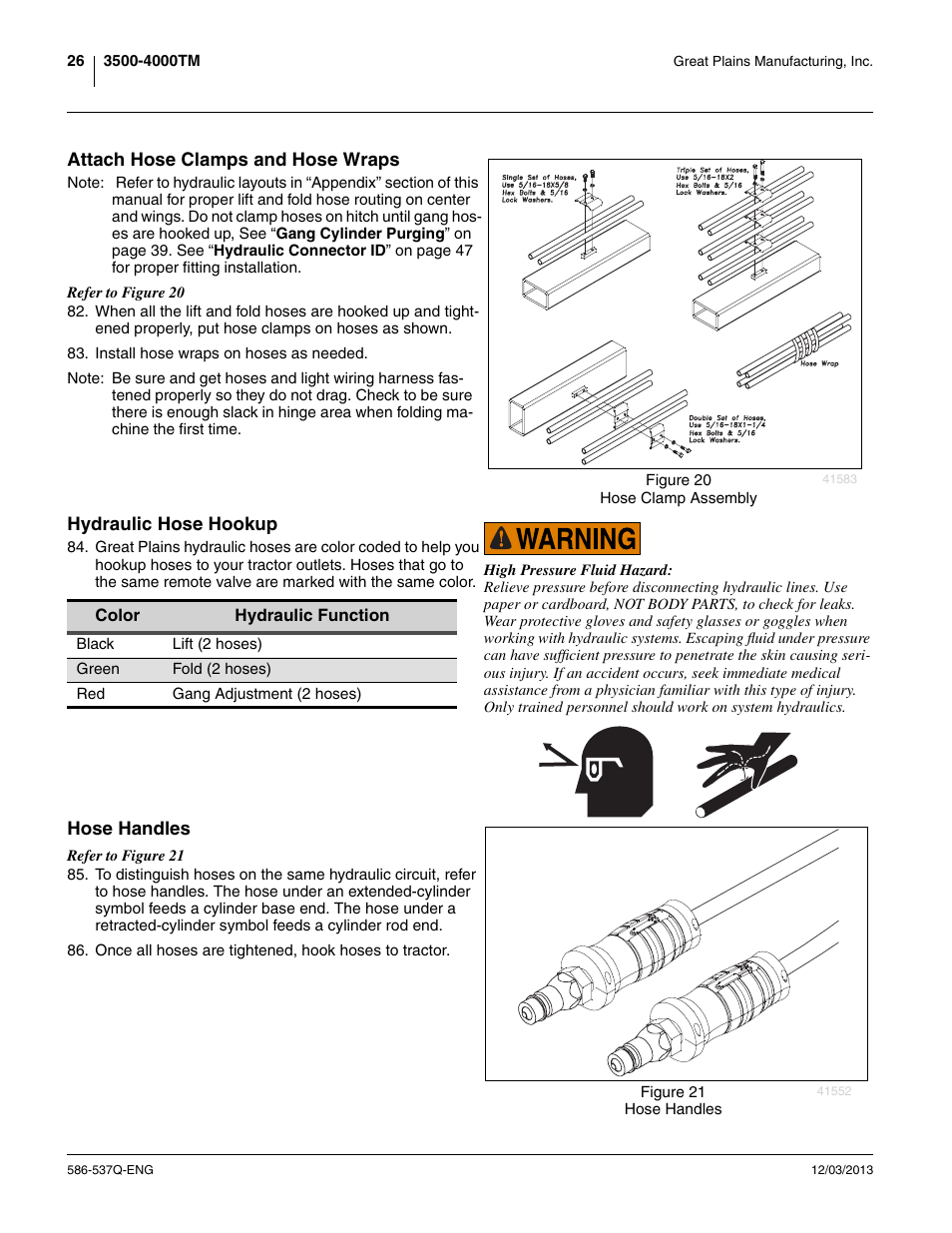 Attach hose clamps and hose wraps, Hydraulic hose hookup, Hose handles | Great Plains 4000TM Assembly Manual User Manual | Page 30 / 80