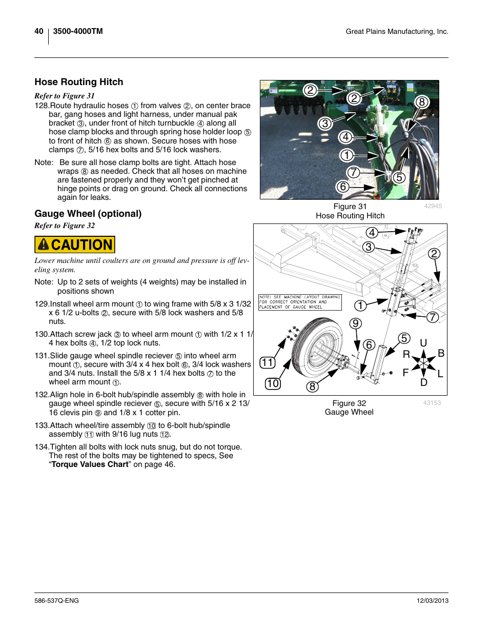 Hose routing hitch, Gauge wheel (optional), Hose routing hitch gauge wheel (optional) | Great Plains 4000TM Assembly Manual User Manual | Page 44 / 80