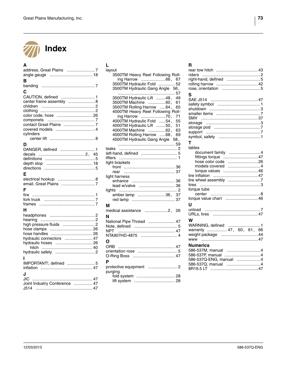 Index | Great Plains 4000TM Assembly Manual User Manual | Page 77 / 80