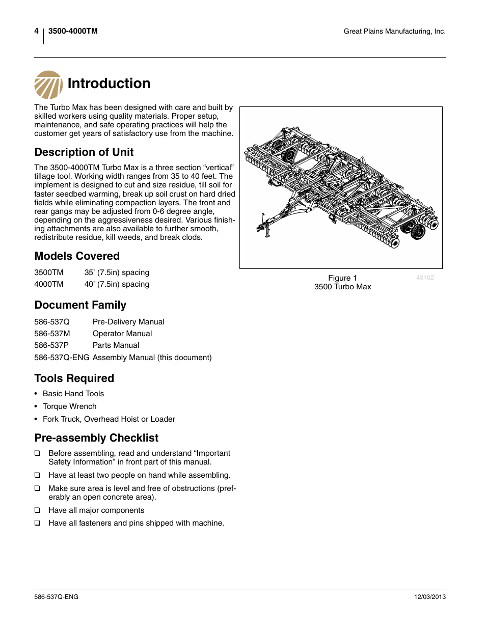 Introduction, Description of unit, Models covered | Document family, Tools required, Pre-assembly checklist, Models covered document family tools required | Great Plains 4000TM Assembly Manual User Manual | Page 8 / 80