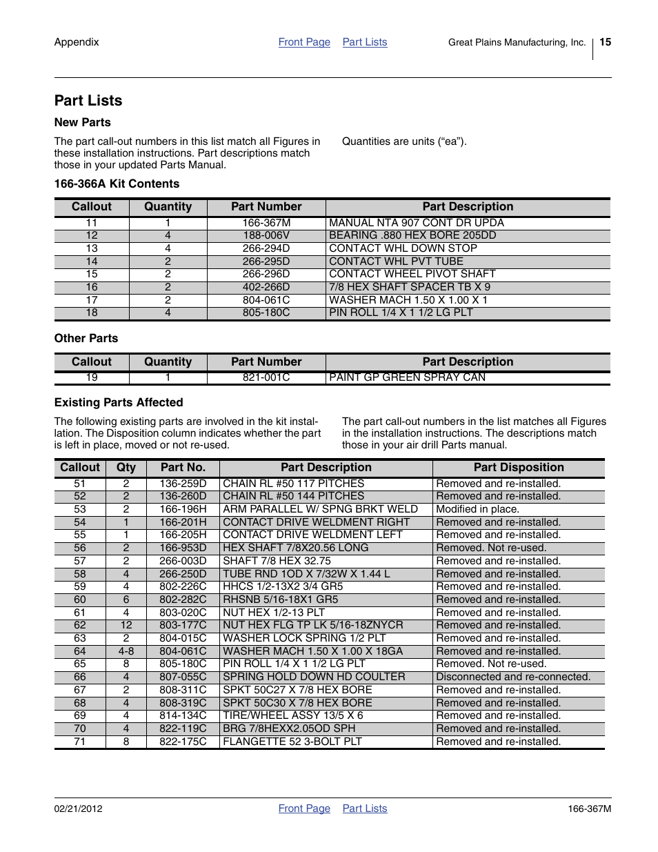 Part lists, Ange 11 to 19 ref, Ange 51 to 71 ref | 311c spkt 50c27 x 7/8 hex bore, 061c washer mach 1.50 x 1.00 x 18ga, 003d shaft 7/8 hex 32.75, Remo, In place, 259d chain rl #50 117 pitches, 319c spkt 50c30 x 7/8 hex bore | Great Plains NTA3007HD Operator Manual User Manual | Page 15 / 16