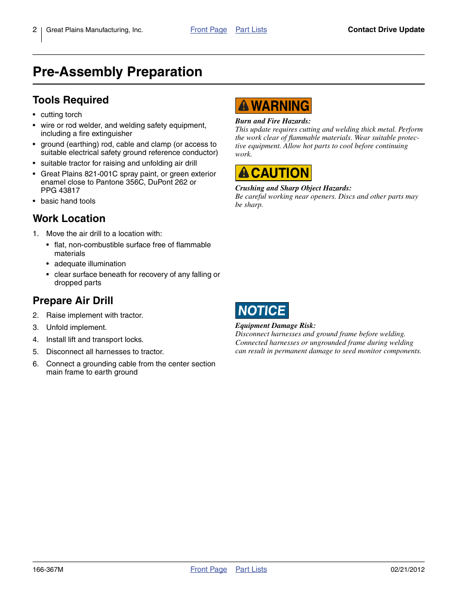 Pre-assembly preparation, Tools required, Work location | Prepare air drill | Great Plains NTA3007HD Operator Manual User Manual | Page 2 / 16