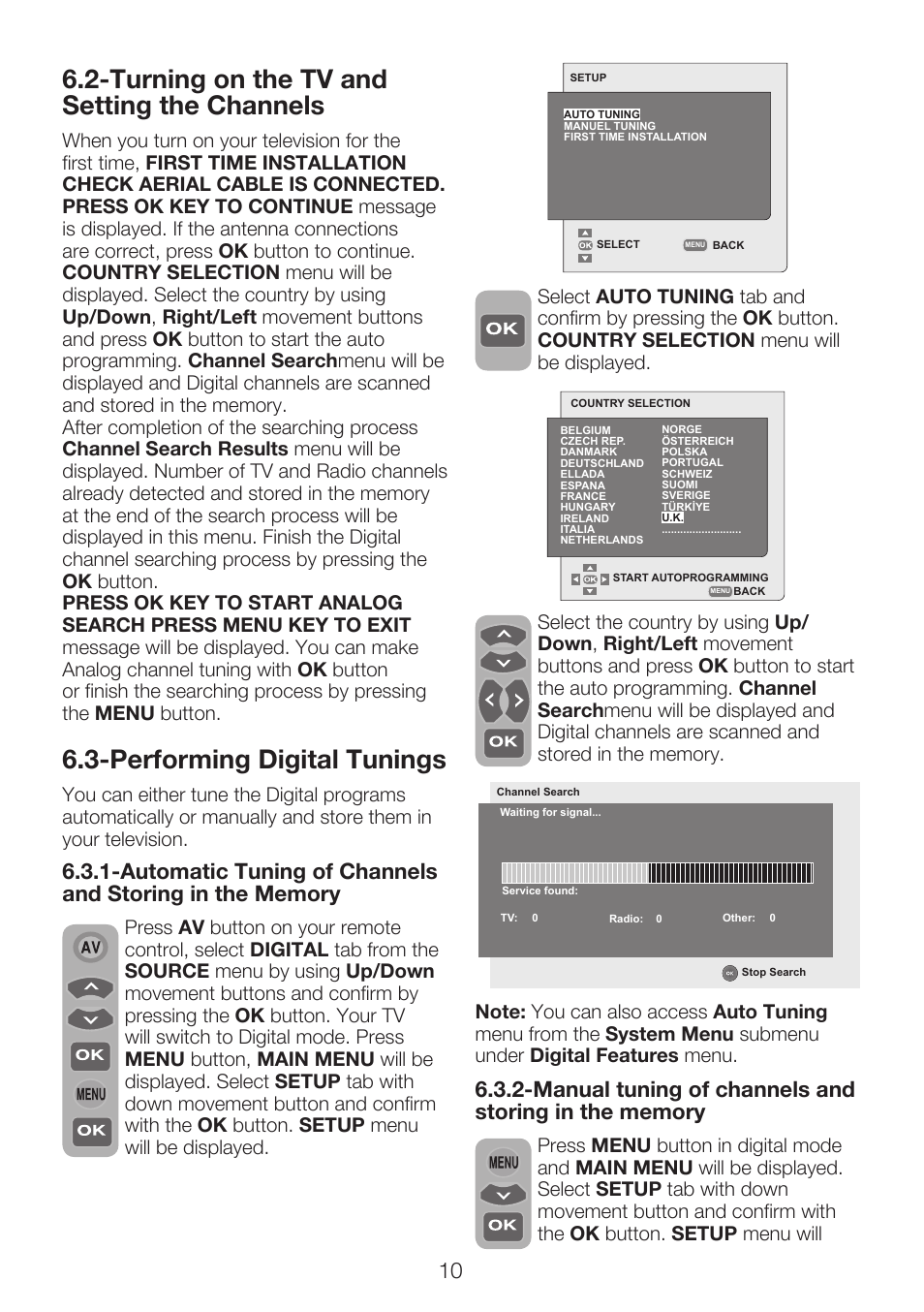 Turning on the tv and setting the channels, Performing digital tunings | Beko 22WLP530HID User Manual | Page 12 / 32