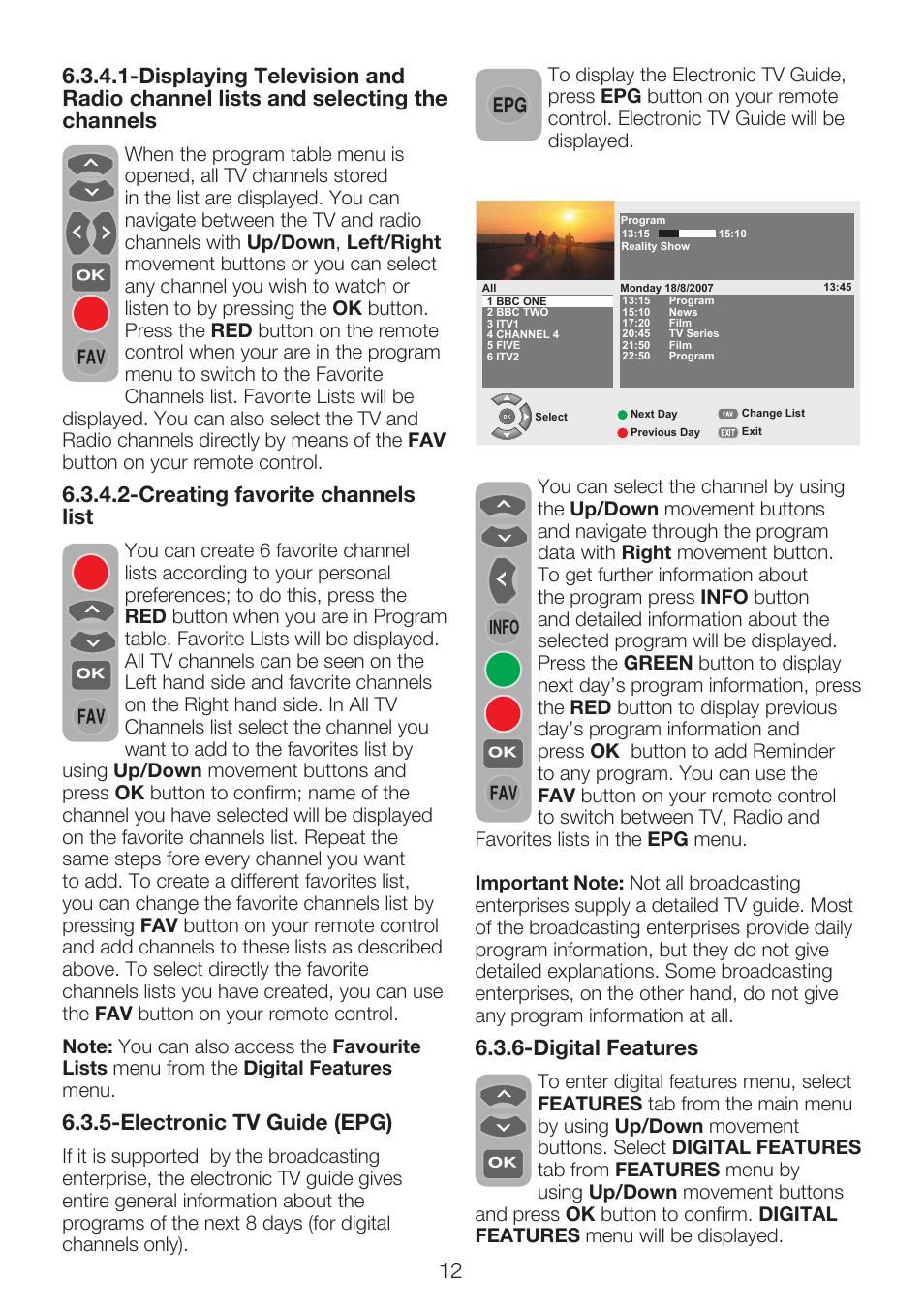 Digital features, Creating favorite channels list, Electronic tv guide (epg) | Beko 22WLP530HID User Manual | Page 14 / 32