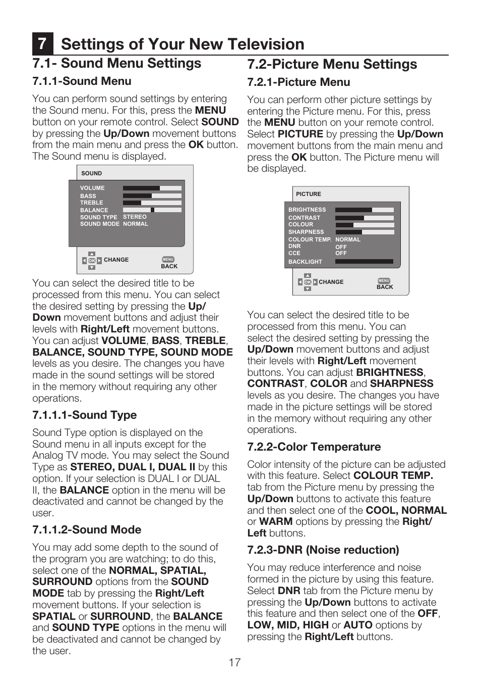 7settings of your new television, Sound menu settings, Picture menu settings | Sound menu, Sound type, Sound mode, Picture menu, Color temperature, Dnr (noise reduction) | Beko 22WLP530HID User Manual | Page 19 / 32