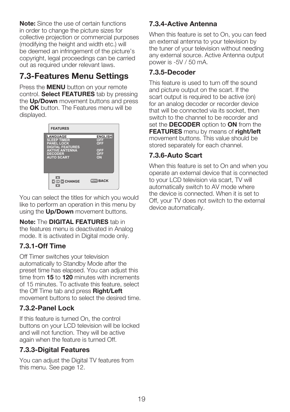 Features menu settings, Active antenna, Decoder | Auto scart, Off time, Panel lock, Digital features | Beko 22WLP530HID User Manual | Page 21 / 32