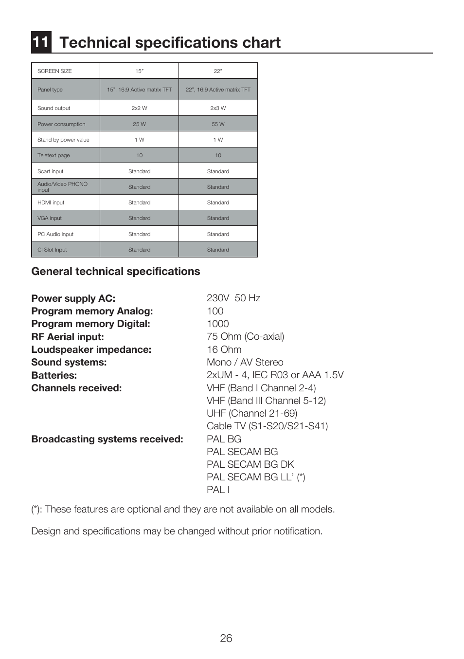 11 technical specifications chart, General technical specifications | Beko 22WLP530HID User Manual | Page 28 / 32