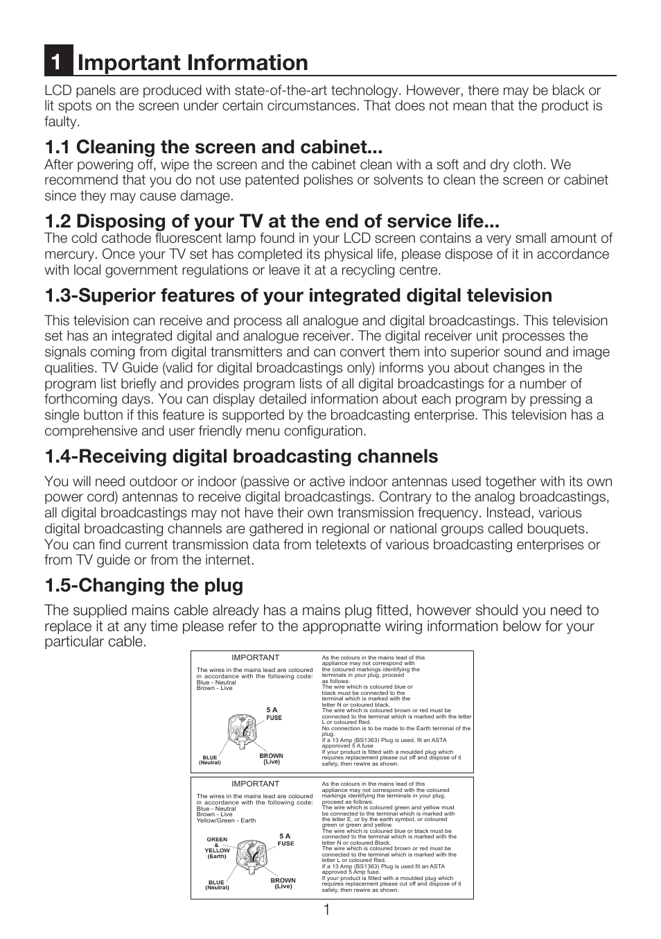 1important information, 1 cleaning the screen and cabinet, 2 disposing of your tv at the end of service life | Receiving digital broadcasting channels, Changing the plug | Beko 22WLP530HID User Manual | Page 3 / 32