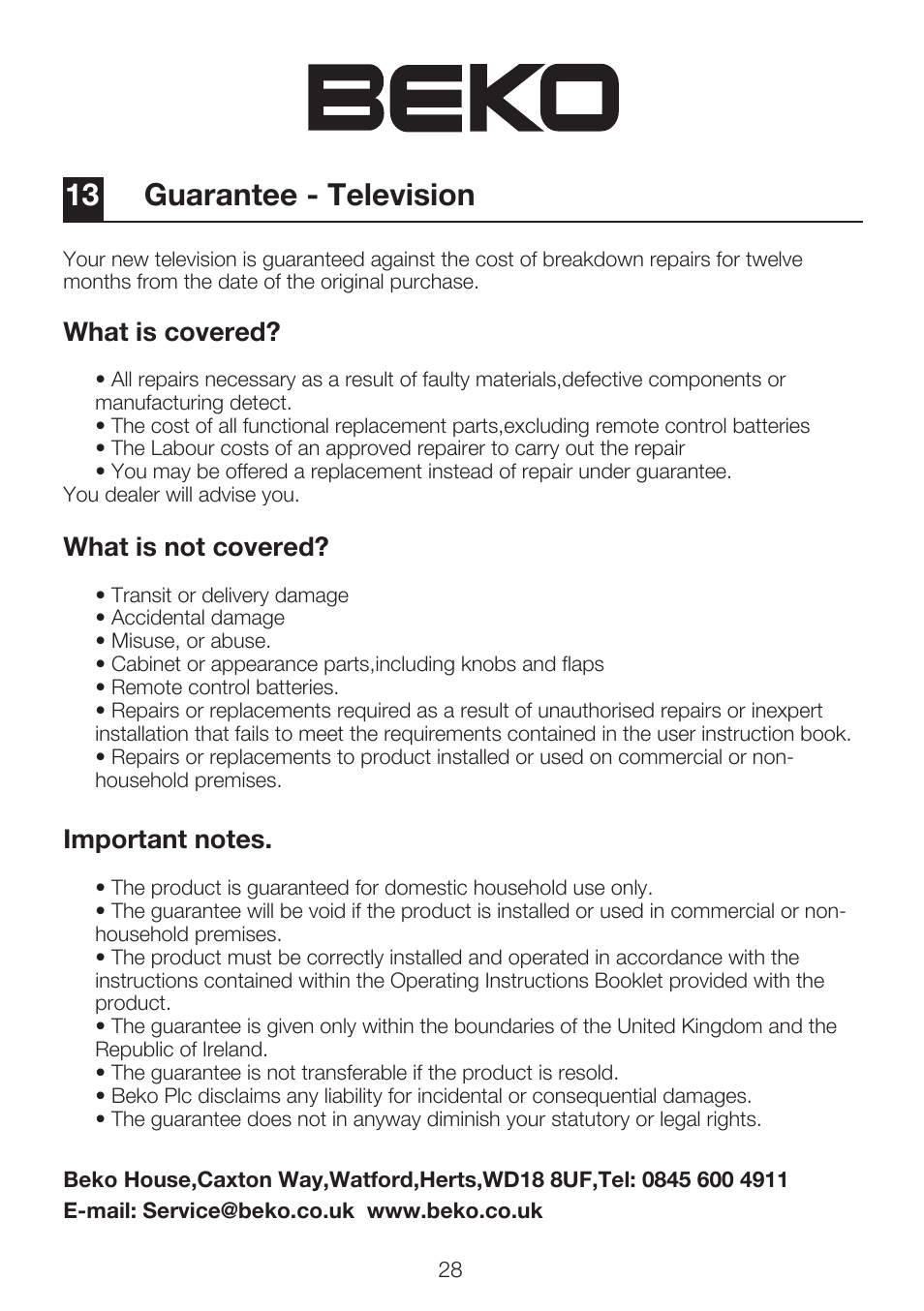 13 guarantee - television, What is covered, What is not covered | Beko 22WLP530HID User Manual | Page 30 / 32